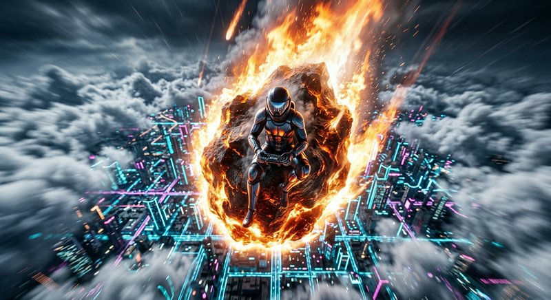 Armored futuristic gamer holds a controller while seated on a flaming meteor streaking over a neon cyberpunk city above st...