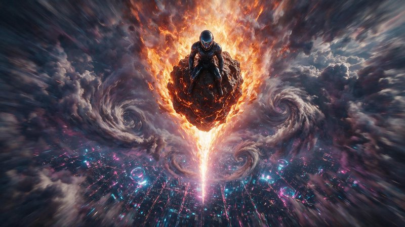 Armored sci-fi astronaut sits atop a blazing molten meteor streaking toward a glowing neon cyberpunk city under swirling s...