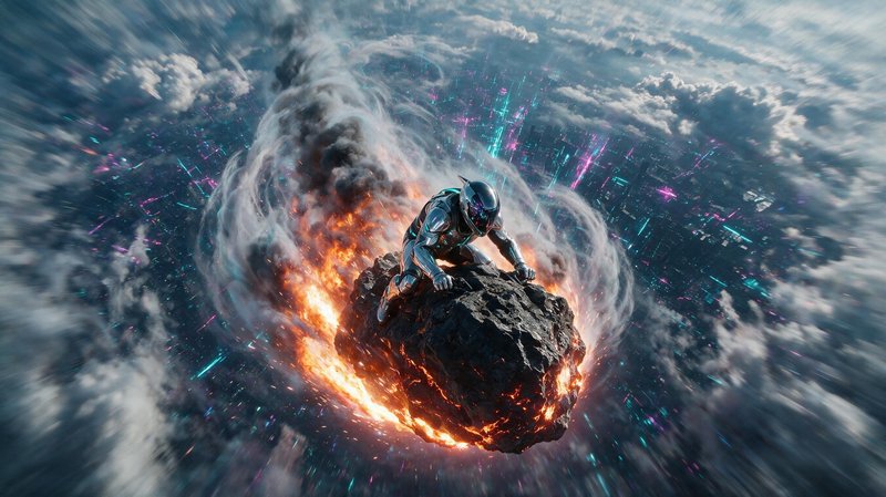 [Chrome futuristic astronaut crouches on a burning speeding meteor plummeting above clouds over a neon cyberpunk city with...