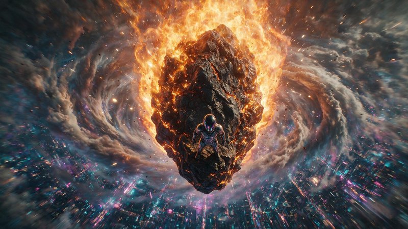 Armored futuristic astronaut stands atop a burning flaming meteor soaring above a swirling neon cyberpunk city.