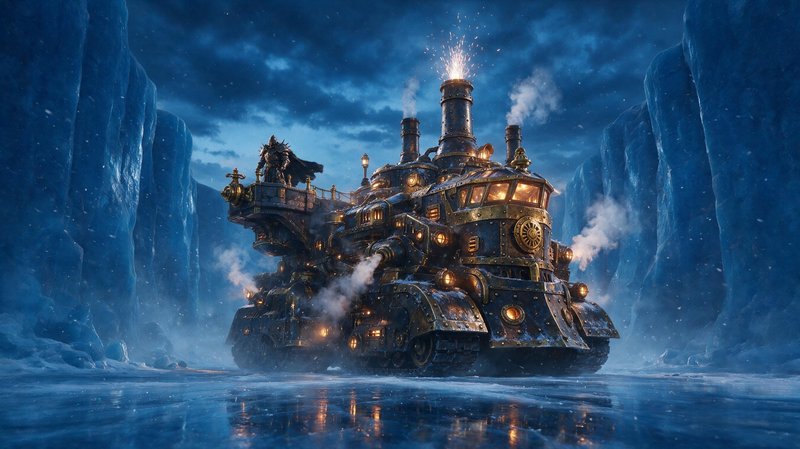 [Ornate steampunk land locomotive travels through a frozen glacial canyon, an armored warrior stands on its upper deck]