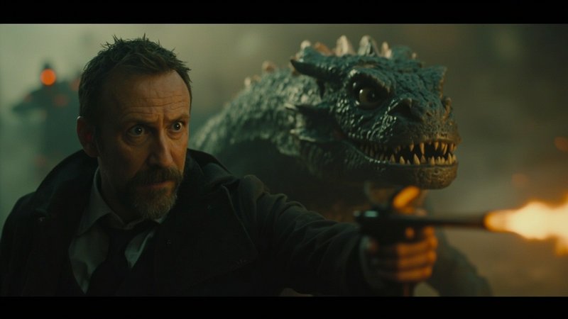 [Tense bearded man firing a pistol, menacing scaly green dragon looms behind him in smoky moody lighting]