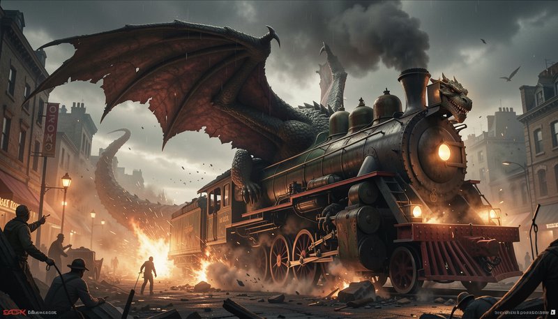 [Giant tattered-winged dragon perches on a dragon-faced steam train amid a destroyed rainy Victorian city street with pani...