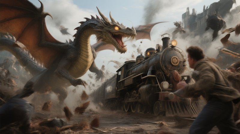 [Menacing glowing-eyed fantasy dragon confronts a vintage steam locomotive as a man reacts in a chaotic battle scene]