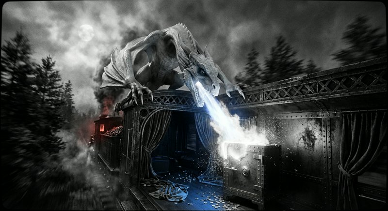 [Winged fantasy dragon perches on a speeding steam train, breathing fire to melt a treasure safe under a moonlit night sky.]