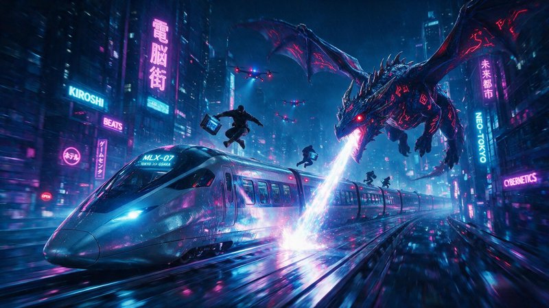 Cyberpunk Neo-Tokyo night scene: cybernetic dragon attacks futuristic bullet train as operatives leap across rain-slicked ...