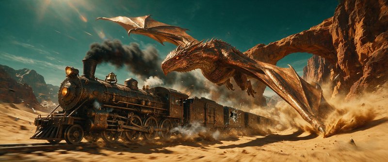 [Bronze winged fantasy dragon flies low beside a speeding vintage steam train in a sunlit red rock desert canyon]