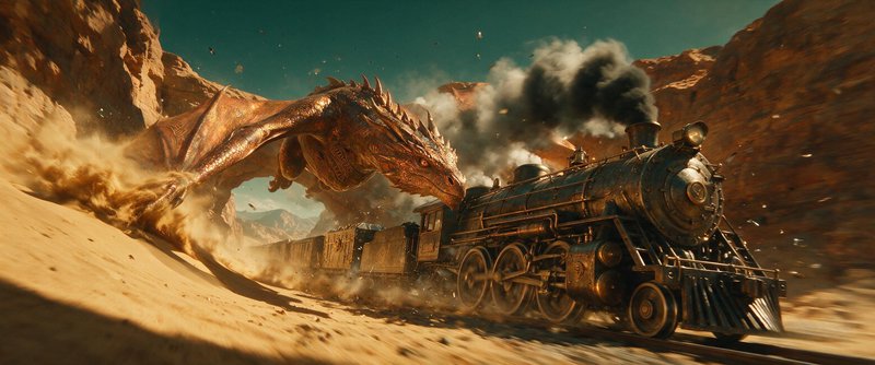 [Copper spiked fantasy dragon confronts a speeding vintage steam train traveling through a rocky desert canyon]
