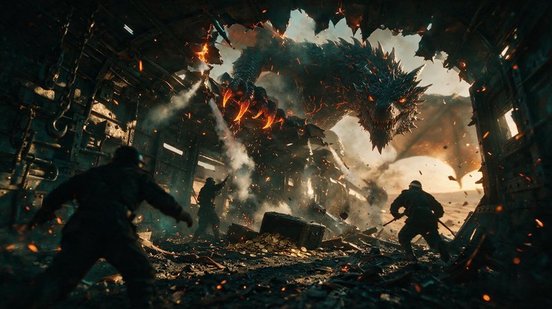 Armored glowing-eyed dragon bursts through torn metal cargo hold, confronting soldiers next to spilled piles of gold treasure