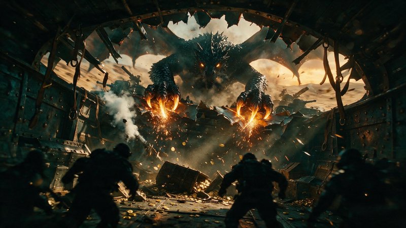 [Massive dark spiked dragon rips through a metal cargo hold ceiling, glowing hot claws sparking as armed soldiers confront...