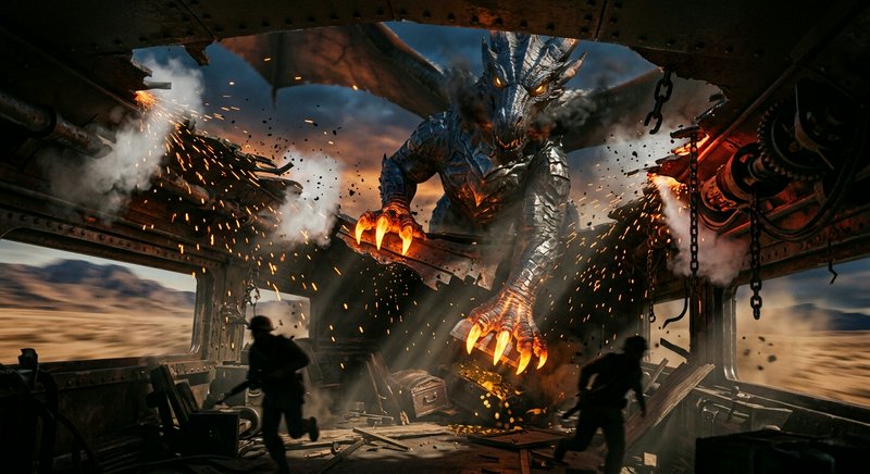 [Armored silver dragon with glowing fiery claws tears through a moving train roof as silhouetted soldiers flee the burning...
