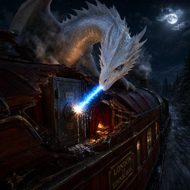[Spiked white ice dragon breathes blue magical fire to crack a treasure vault while perched on a moving vintage steam trai...