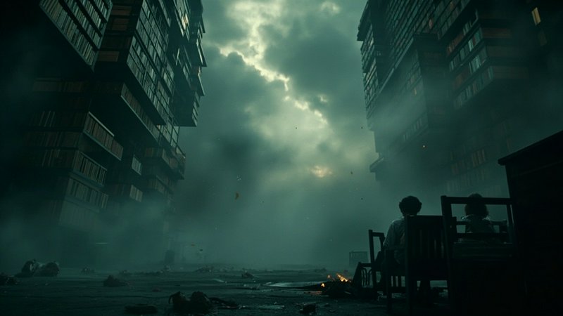 Silhouetted seated figures look up at jagged lightning between giant bookshelf skyscrapers in a foggy post-apocalyptic