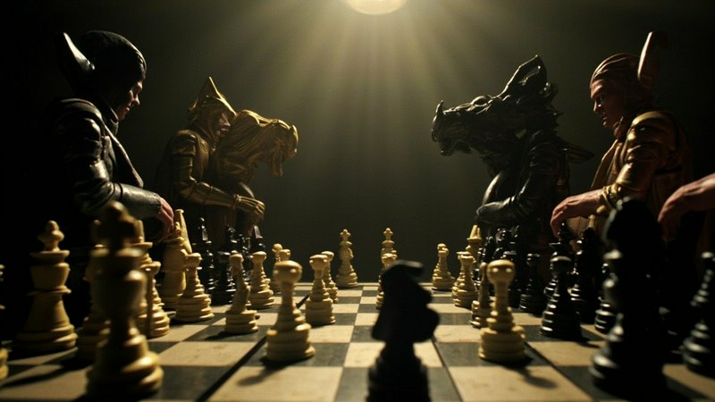 Low angle shot of opposing fantasy armored characters facing off across a chessboard under a dramatic overhead spotlight.