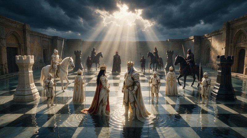 Living fantasy chess scene with armored royal pieces standing on a flooded chessboard under dramatic sunbeams through