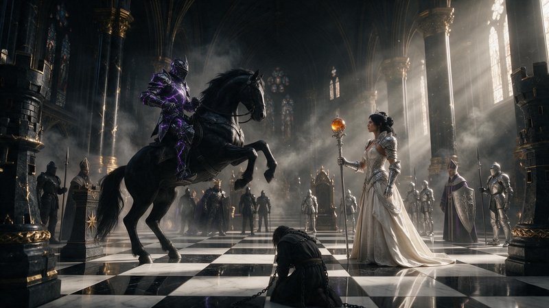 Epic fantasy chessboard throne room: armored knight on rearing horse faces a royal queen, chained prisoner kneels