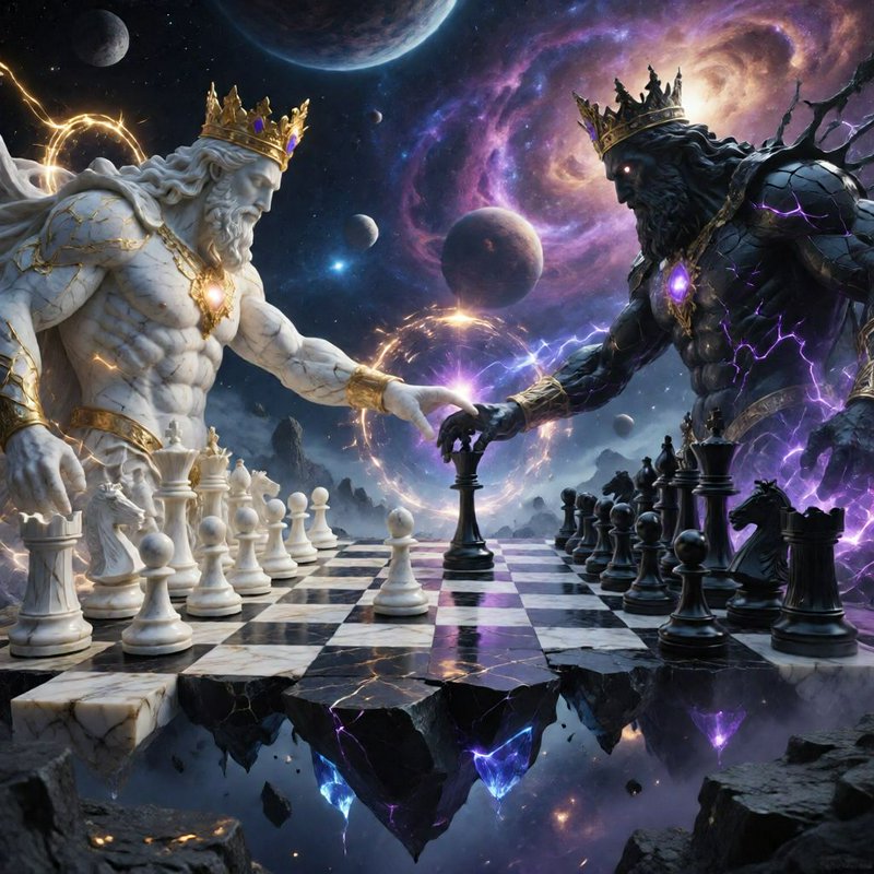 Two opposing crowned god figures reach for a chess piece on a floating board against a cosmic neb...