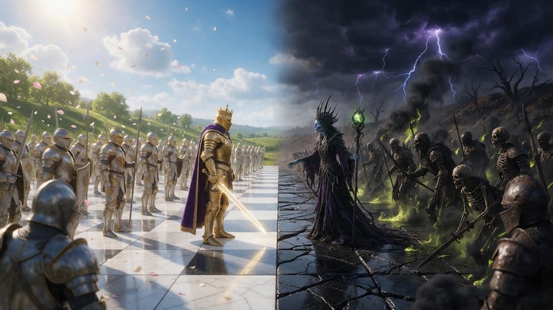 Fantasy living chessboard battlefield: golden holy king faces lich queen between opposing light a...