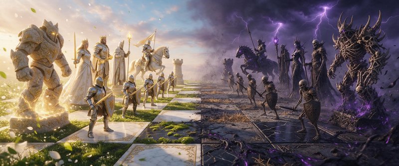 Epic split fantasy chessboard where holy light forces face off against dark undead forces under c...