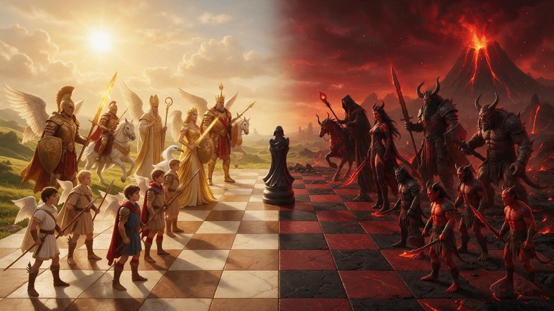 Epic fantasy chessboard standoff between heavenly good army and demonic evil forces on a split li...