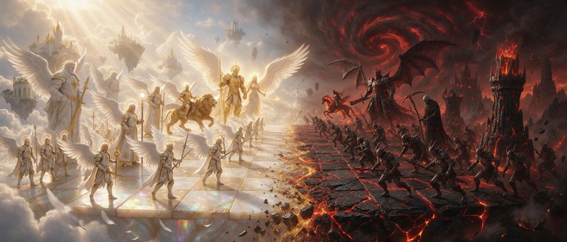Heavenly angel army stands against demonic forces across a cosmic chessboard dividing shining hea...