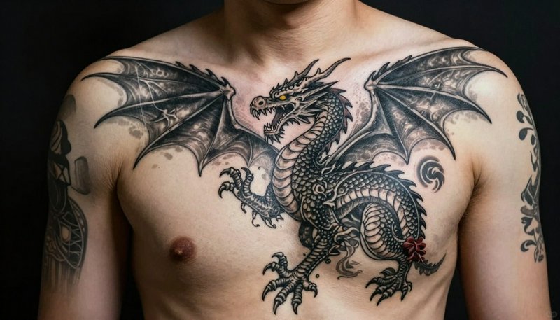 Close-up of an intricate outstretched winged dragon chest tattoo on a shirtless wearer against a ...