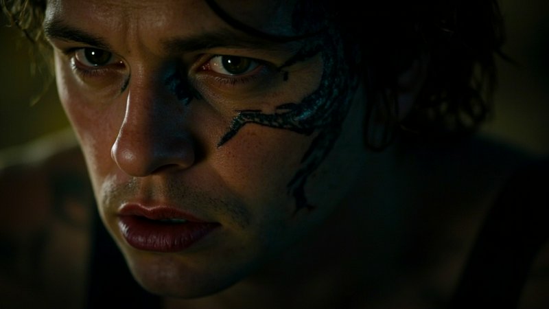 Extreme close-up of intense young man with dark tribal face markings, stern focused gaze under moody low-key cinematic