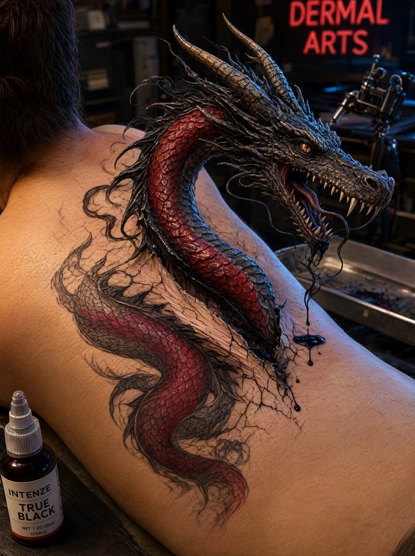 Surreal concept art of a scaled red and black dragon appearing to emerge from a back tattoo in a ...