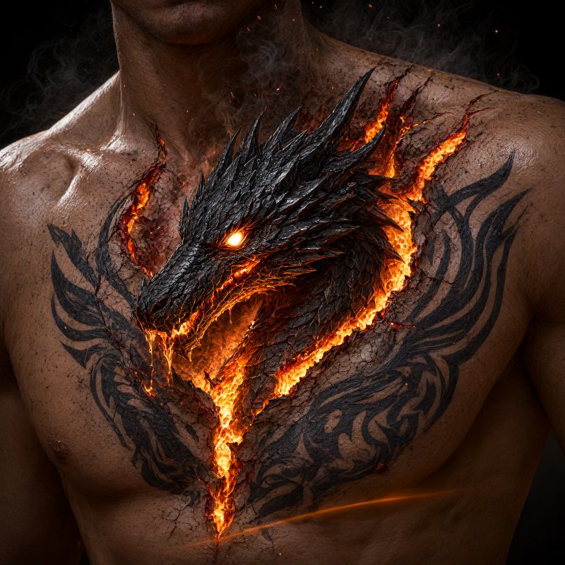 Close-up of a muscular man's chest, where a fiery obsidian dragon erupts through cracked skin fra...