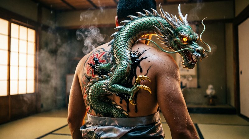 Shirtless man with a back irezumi tattoo as a glowing green eastern dragon emerges from his skin ...