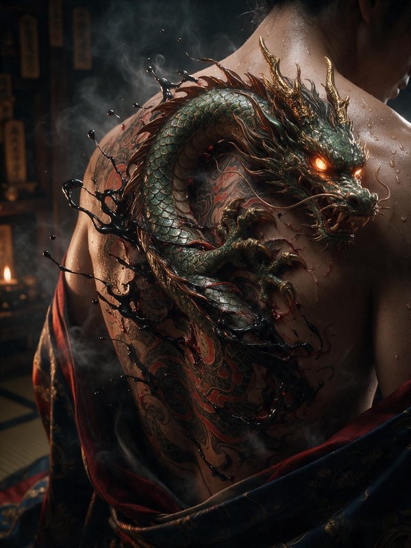 Surreal artwork of a glowing green Japanese dragon appearing to burst from a detailed full back tattoo on a sweat-slicked man