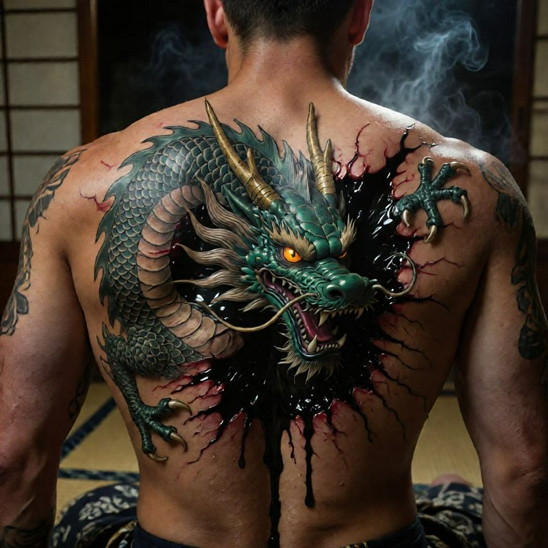 Surreal hyperrealistic art of a green East Asian dragon appearing to burst from the tattooed back...