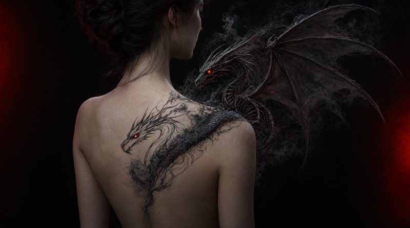 Rear view of a woman where her smoke-style dragon back tattoo manifests as a skeletal winged dark...