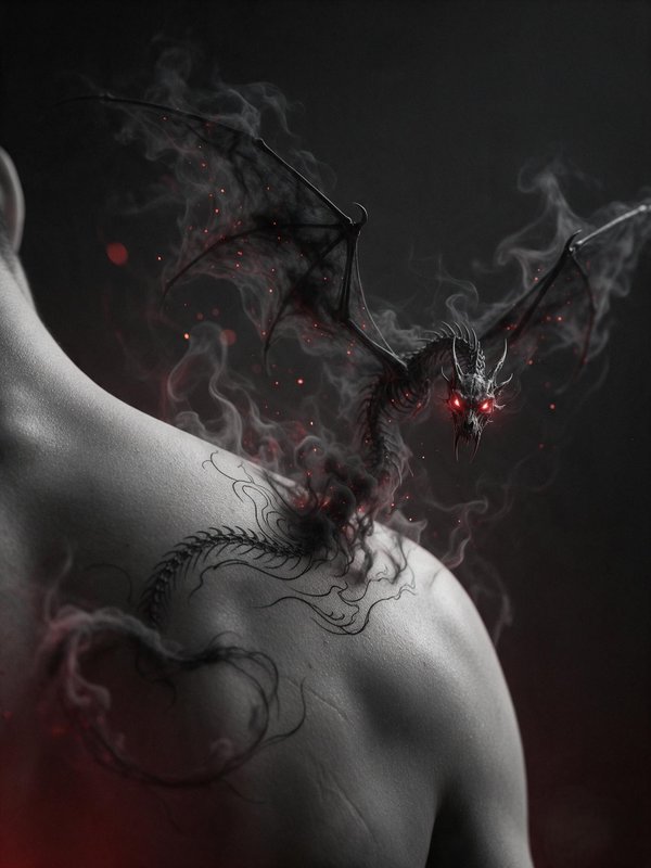 Skeletal smoke dragon with glowing red eyes emerges from a linework dragon tattoo on a shirtless ...