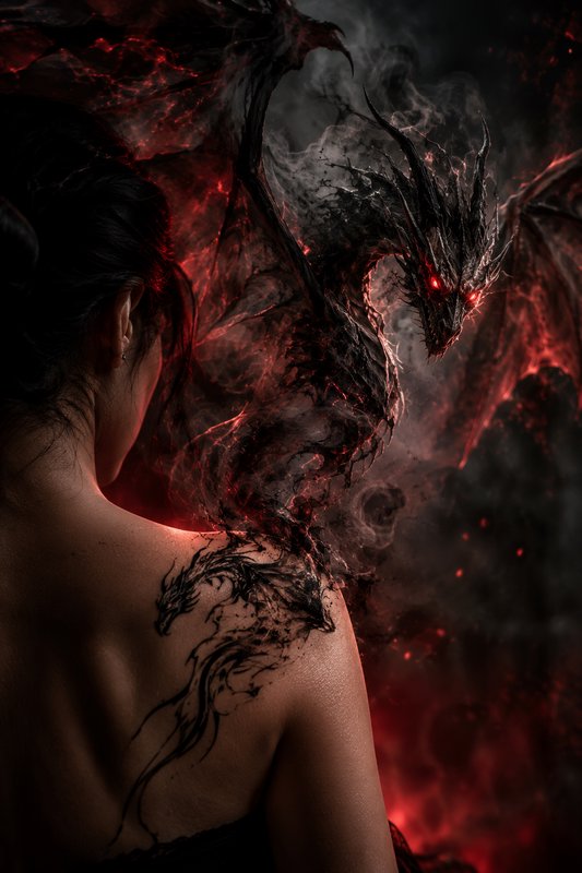 Back view of a woman, menacing glowing red-eyed dark dragon emerging from her shoulder tattoo int...