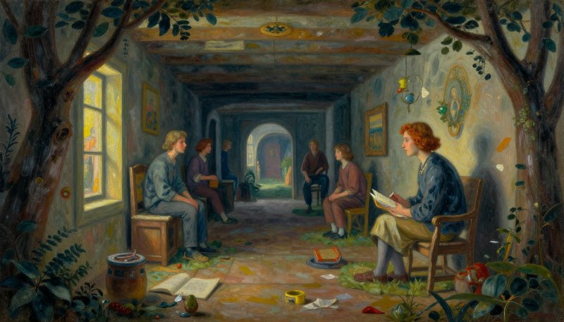 Surreal folk oil painting of a storyteller reading to a seated group in a rustic indoor room fram...