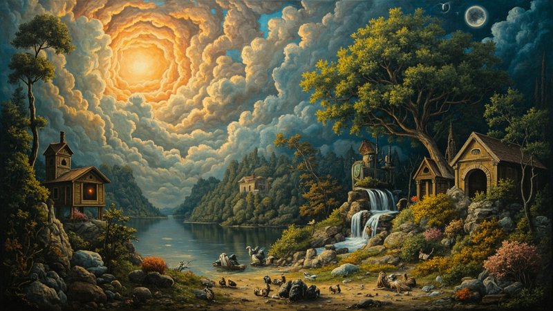 Surreal fantasy landscape painting with swirling golden sun, waterfront cottages, waterfall, dual...