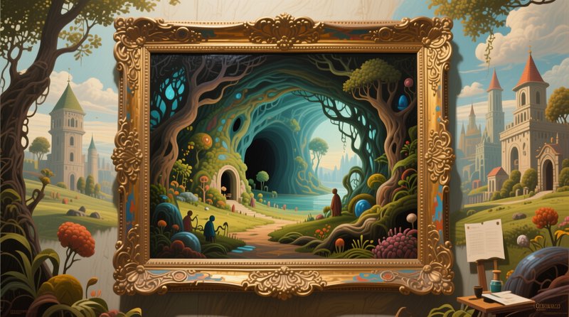 Ornate gilded baroque frame holding a surreal fantasy forest painting that seamlessly merges with...