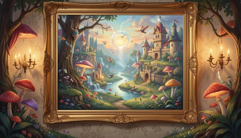 Surreal artwork of an ornate gold framed fairytale landscape seamlessly merging with magical fore...