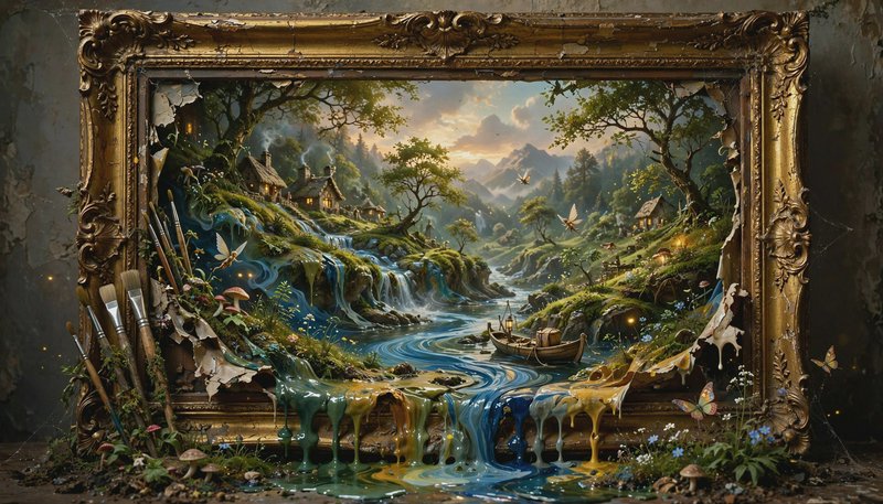 Surreal artwork of a broken ornate gilded frame, where a magical fantasy valley landscape spills ...