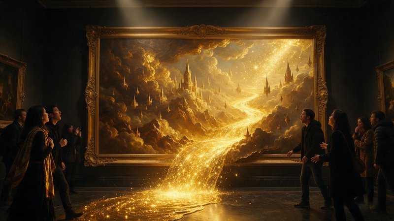 Awestruck museum visitors watch as a glowing golden fantasy river flows out of an ornate framed p...