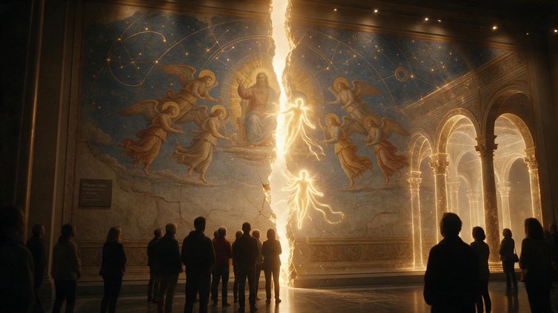 Awestruck museum visitors watch a glowing rift open in a Renaissance religious fresco, revealing ...