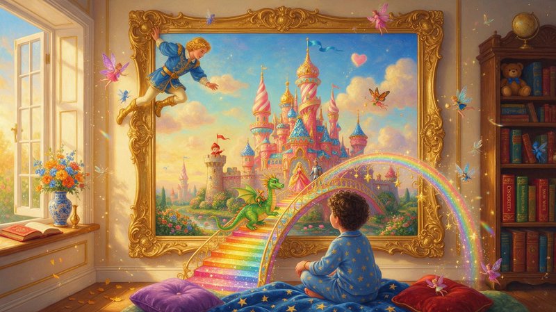 Young boy in star print pajamas watches a magical fairytale scene emerge from an ornate gilded wa...