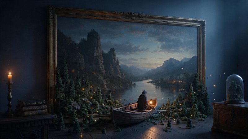 Surreal portal fantasy scene where an ornate framed mountain river landscape spills into a dim ro...