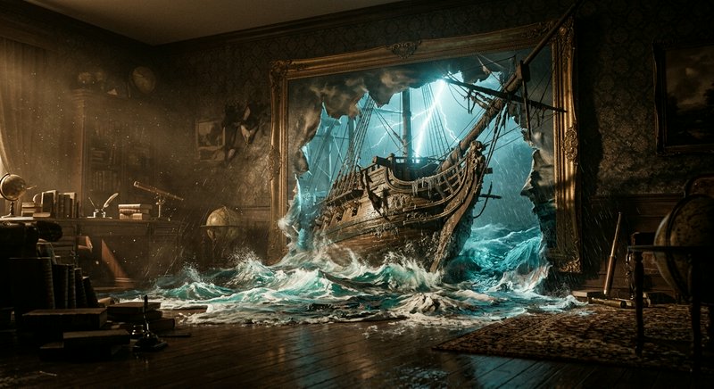Surreal fantasy art of a wooden galleon ship crashing through an ornate gilt frame, spilling stor...