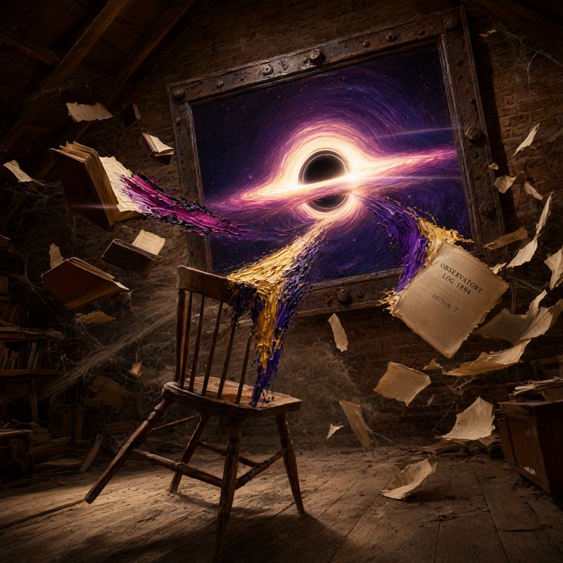 Surreal abandoned attic scene where a framed glowing black hole portal pulls floating books, with...