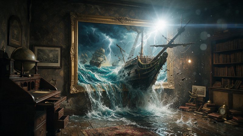 Surreal fantasy scene of a wooden galleon and storm waves bursting from an ornate framed painting...