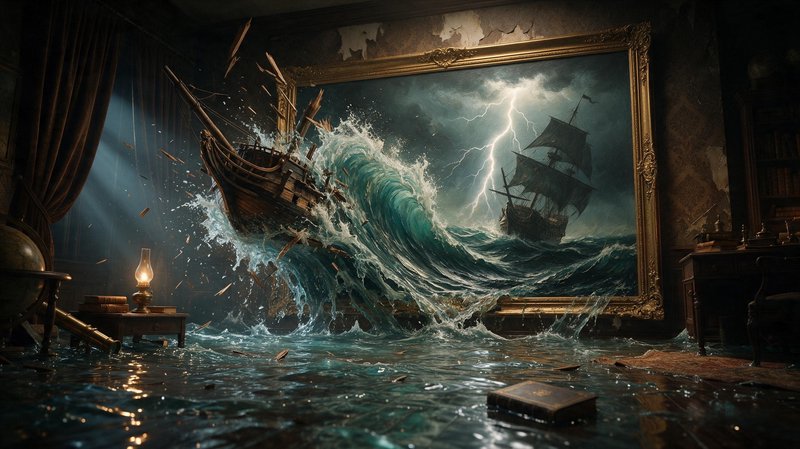 Surreal scene where a stormy galleon seascape bursts from an ornate frame into a flooded vintage ...
