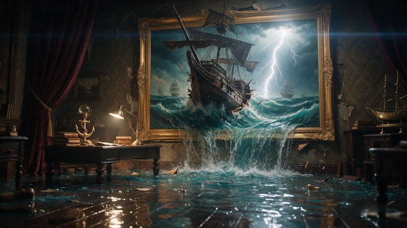 Surreal scene of a stormy galleon seascape painting spilling ocean waves out of its gilded frame ...