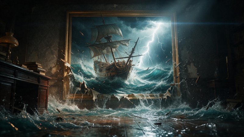 Surreal fantasy art of a stormy galleon painting bursting through its gilded frame to flood a vin...